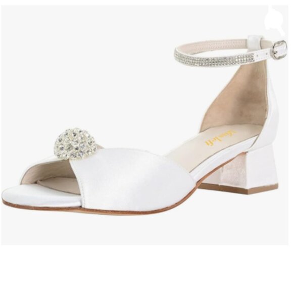 miss left White Rhinestone Open Toe Ankle Strap Buckle Block Low Heel Sandals - Picture 1 of 8